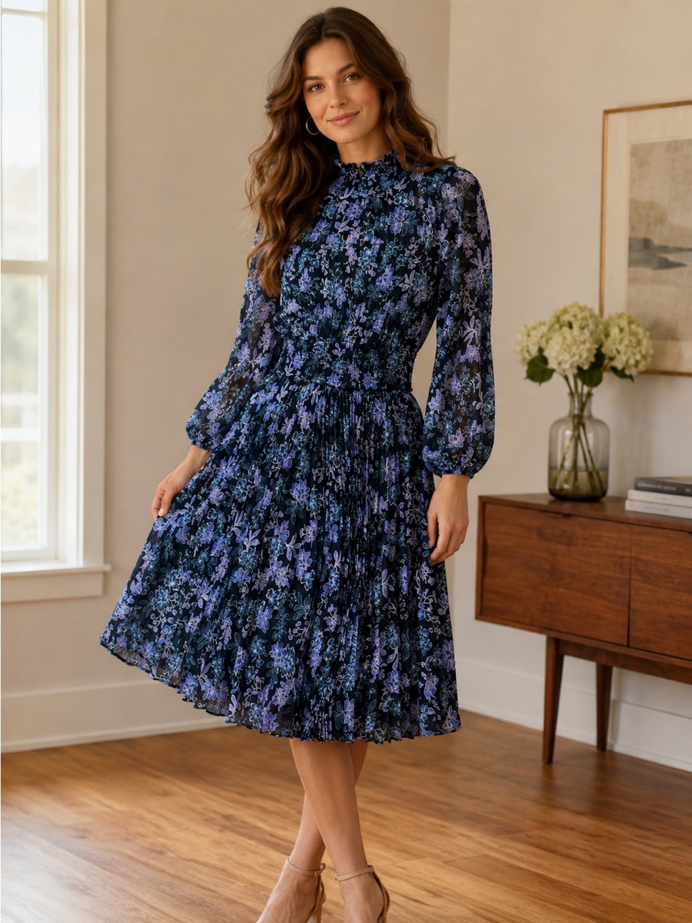 🌎 Nanette Lepore Navy Floral Midi Dress with Lilac Print